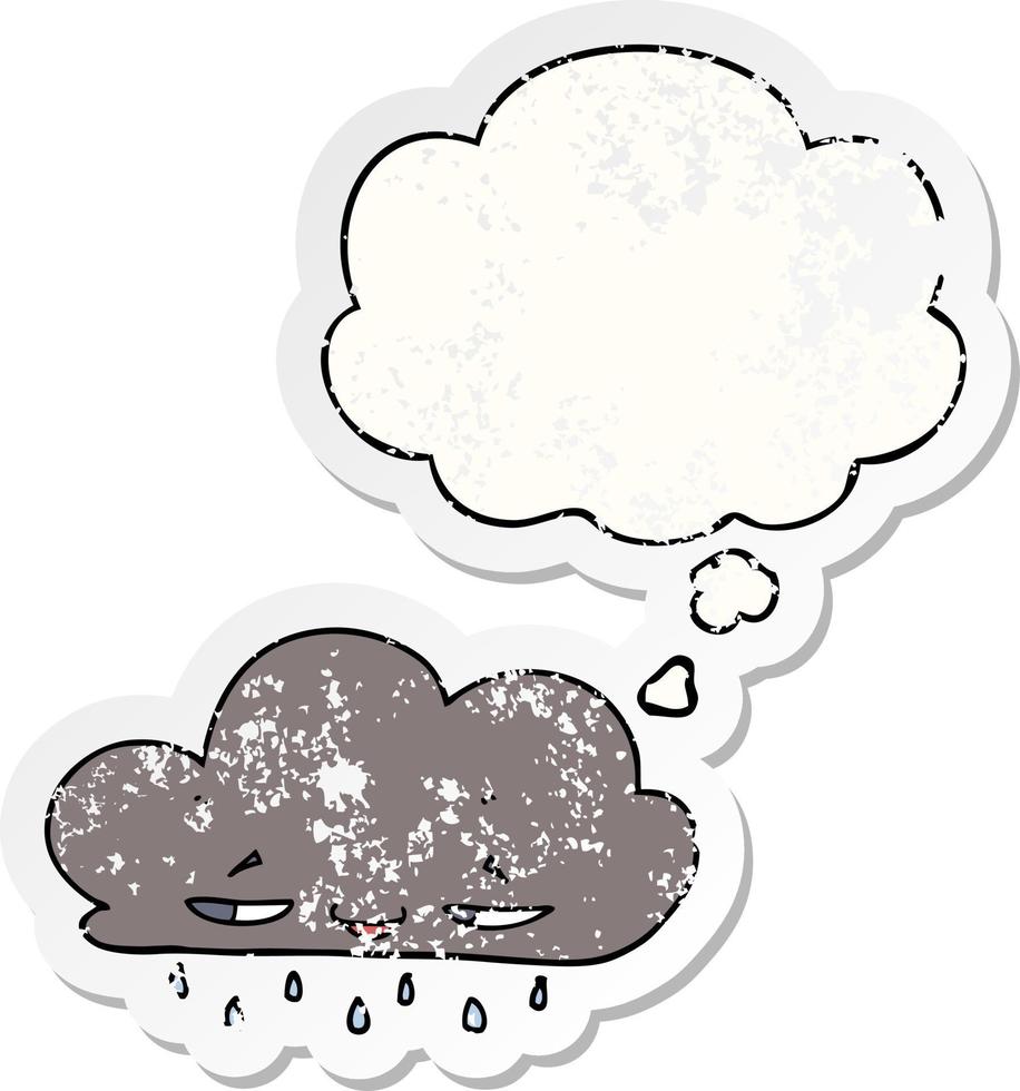 cartoon rain cloud and thought bubble as a distressed worn sticker vector