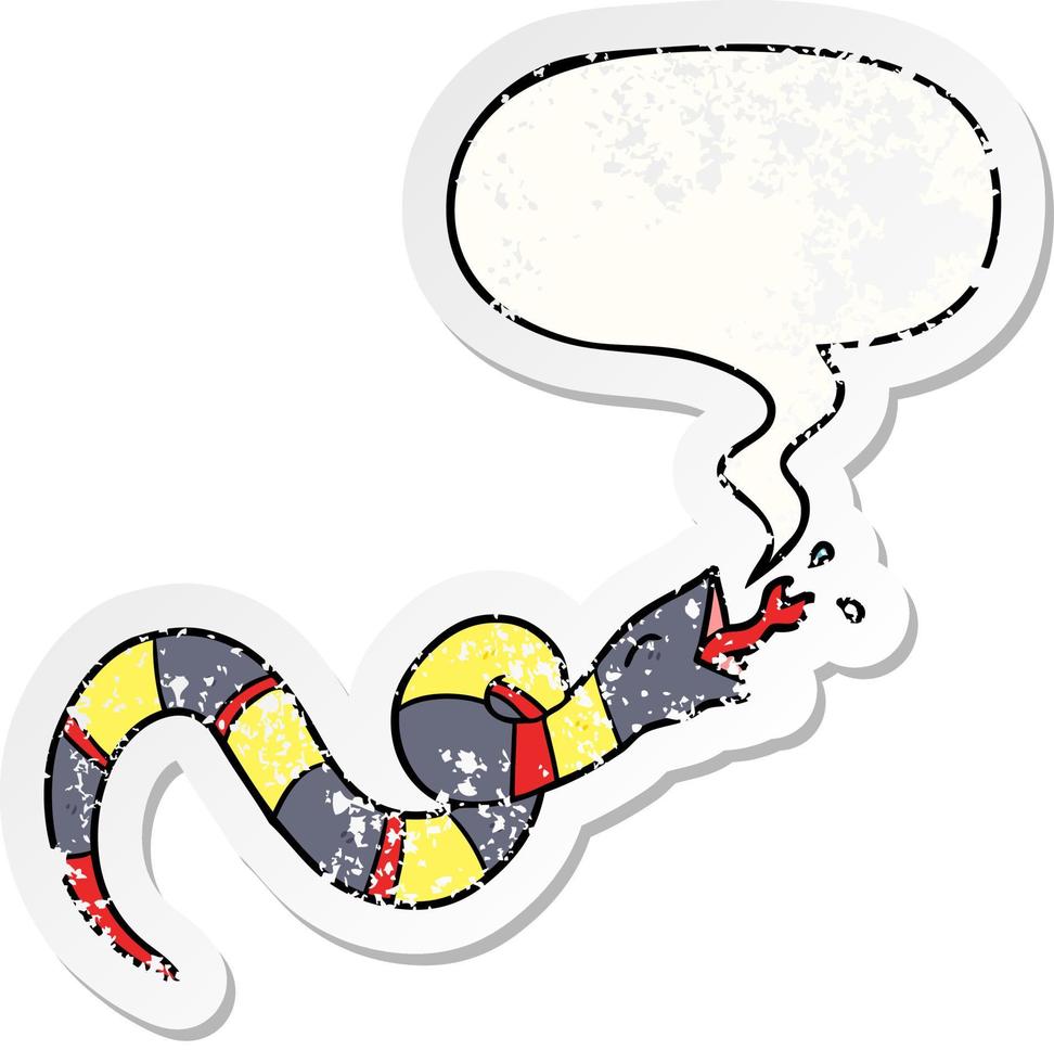 cartoon hissing snake and speech bubble distressed sticker vector