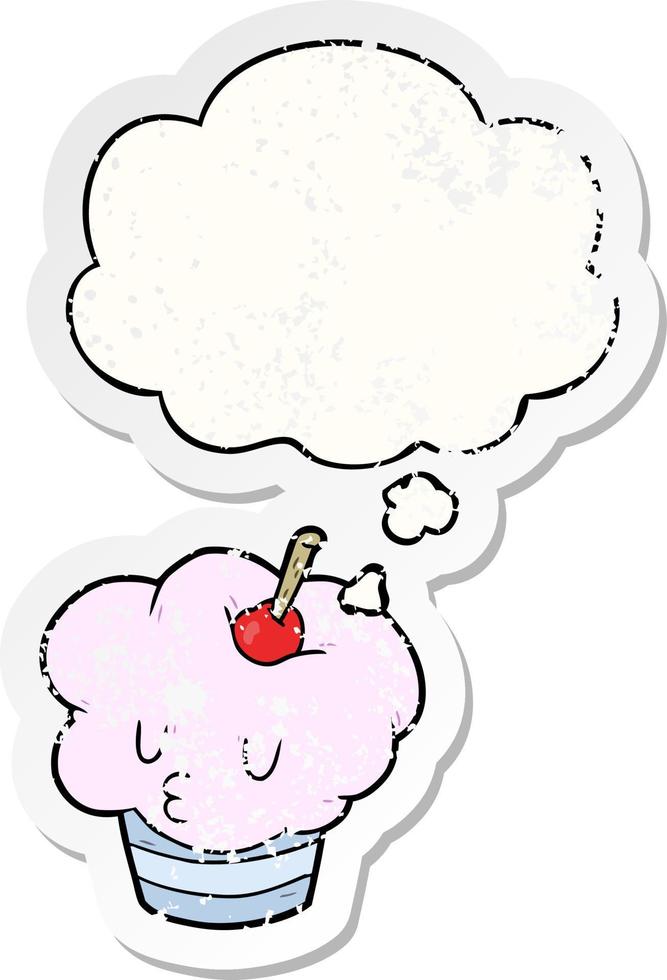 cartoon cupcake and thought bubble as a distressed worn sticker vector