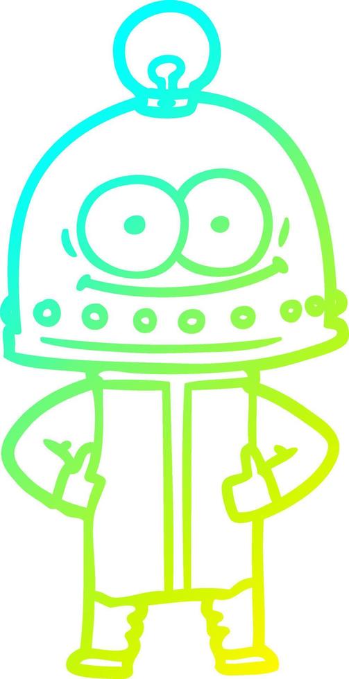 cold gradient line drawing happy carton robot with light bulb vector