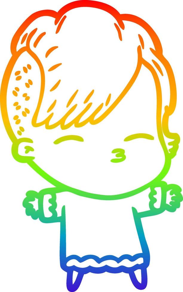rainbow gradient line drawing cartoon squinting girl vector