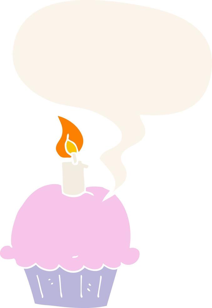 cartoon birthday cupcake and speech bubble in retro style vector