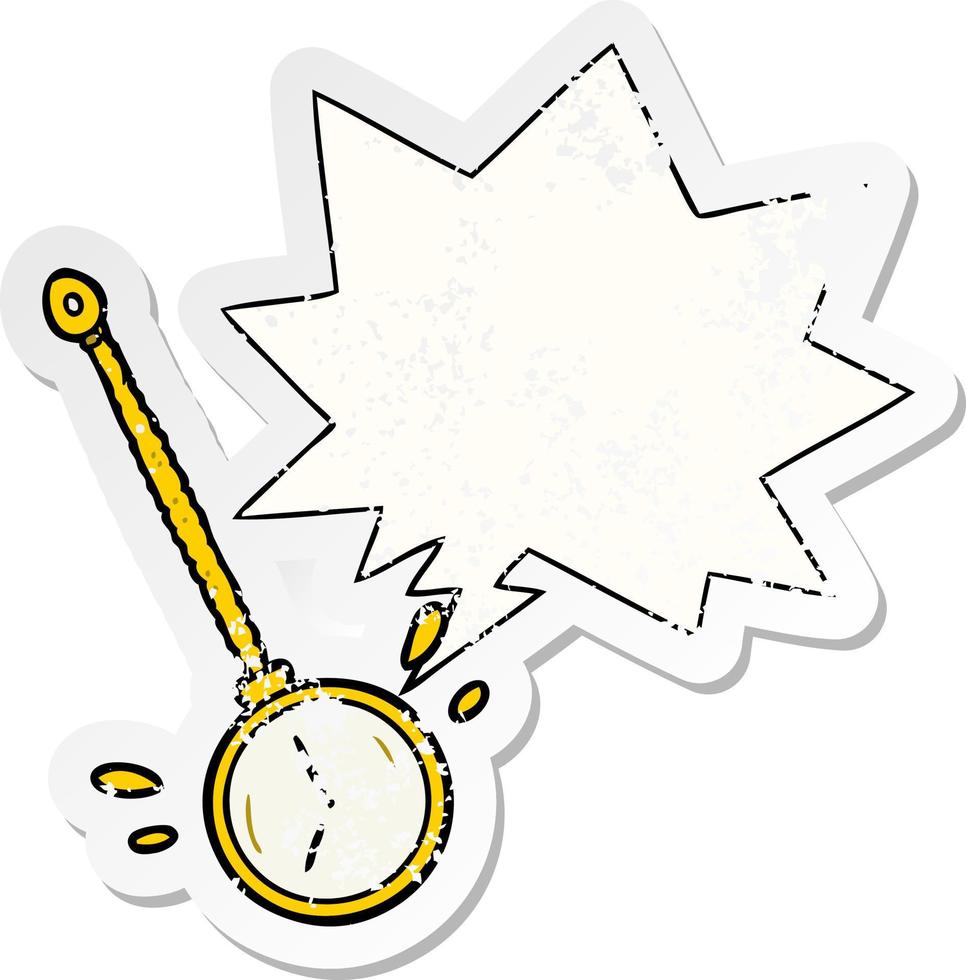 cartoon swinging gold hypnotist watch and speech bubble distressed sticker vector