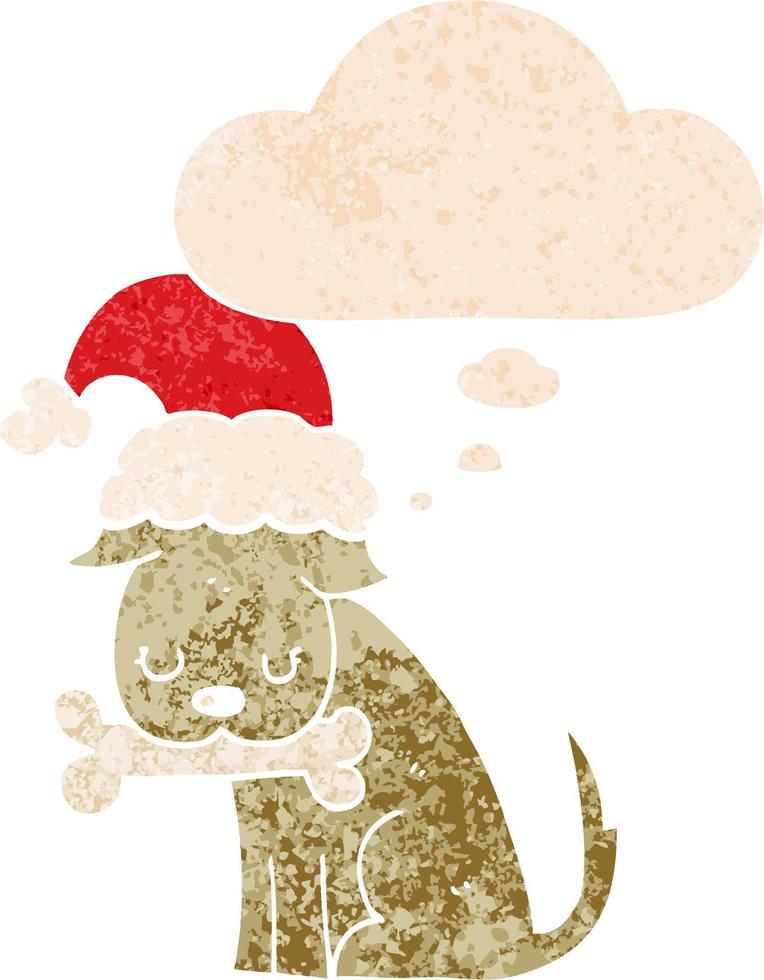 lindo perro navideño y burbuja de pensamiento en estilo retro texturizado vector