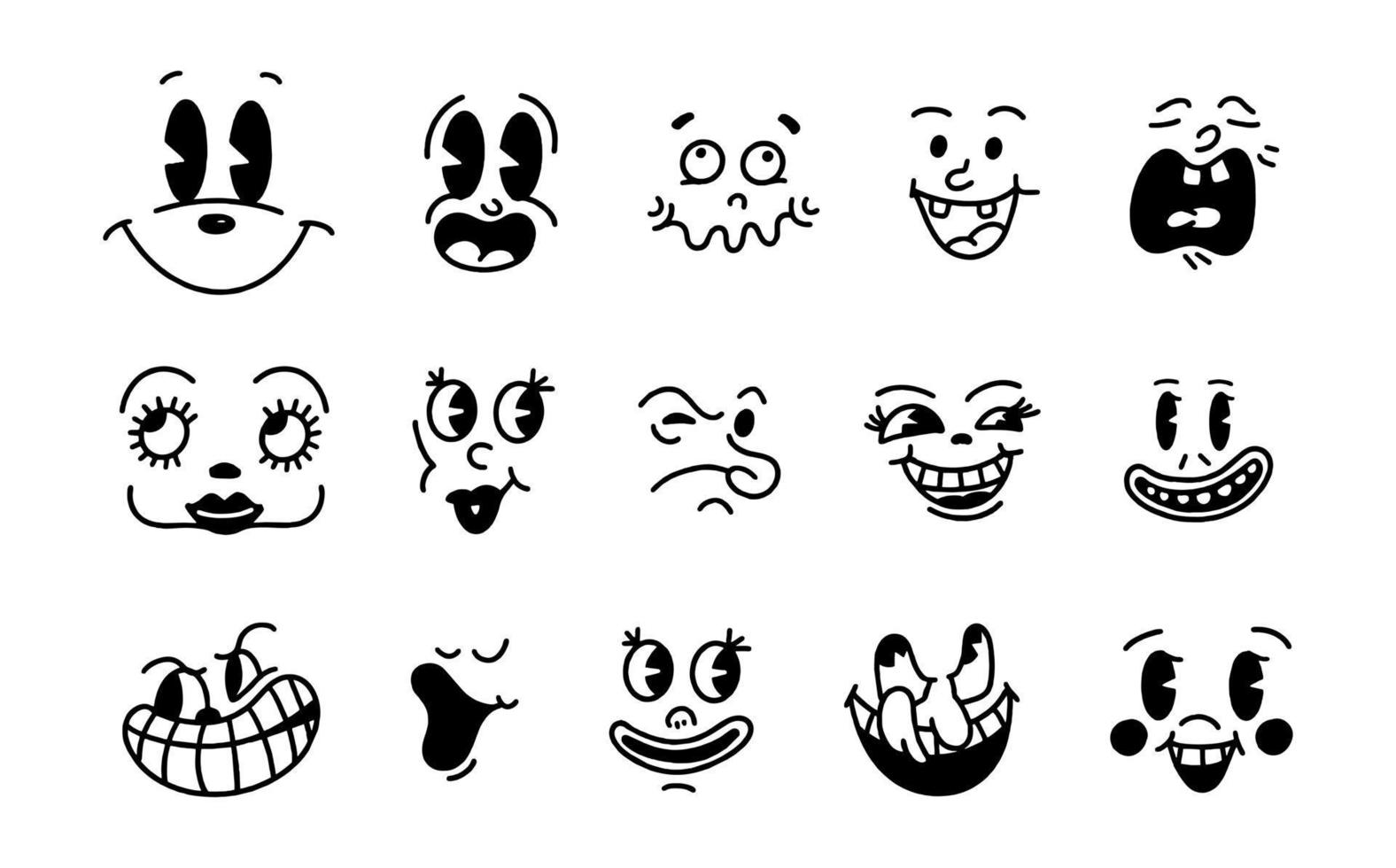 sonrisa cara emoji retro. caras de personajes de dibujos animados de los años 30. Ilustración de vector de sonrisa cómica vintage