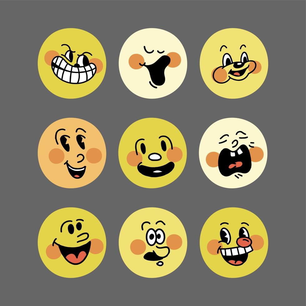 sonrisa emoji retro. las caras de los personajes de dibujos animados del gran set de los años 30. Ilustración de vector de sonrisa cómica vintage