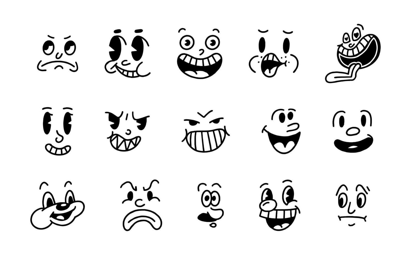 sonrisa cara emoji retro. caras de personajes de dibujos animados de los años 30. Ilustración de vector de sonrisa cómica vintage