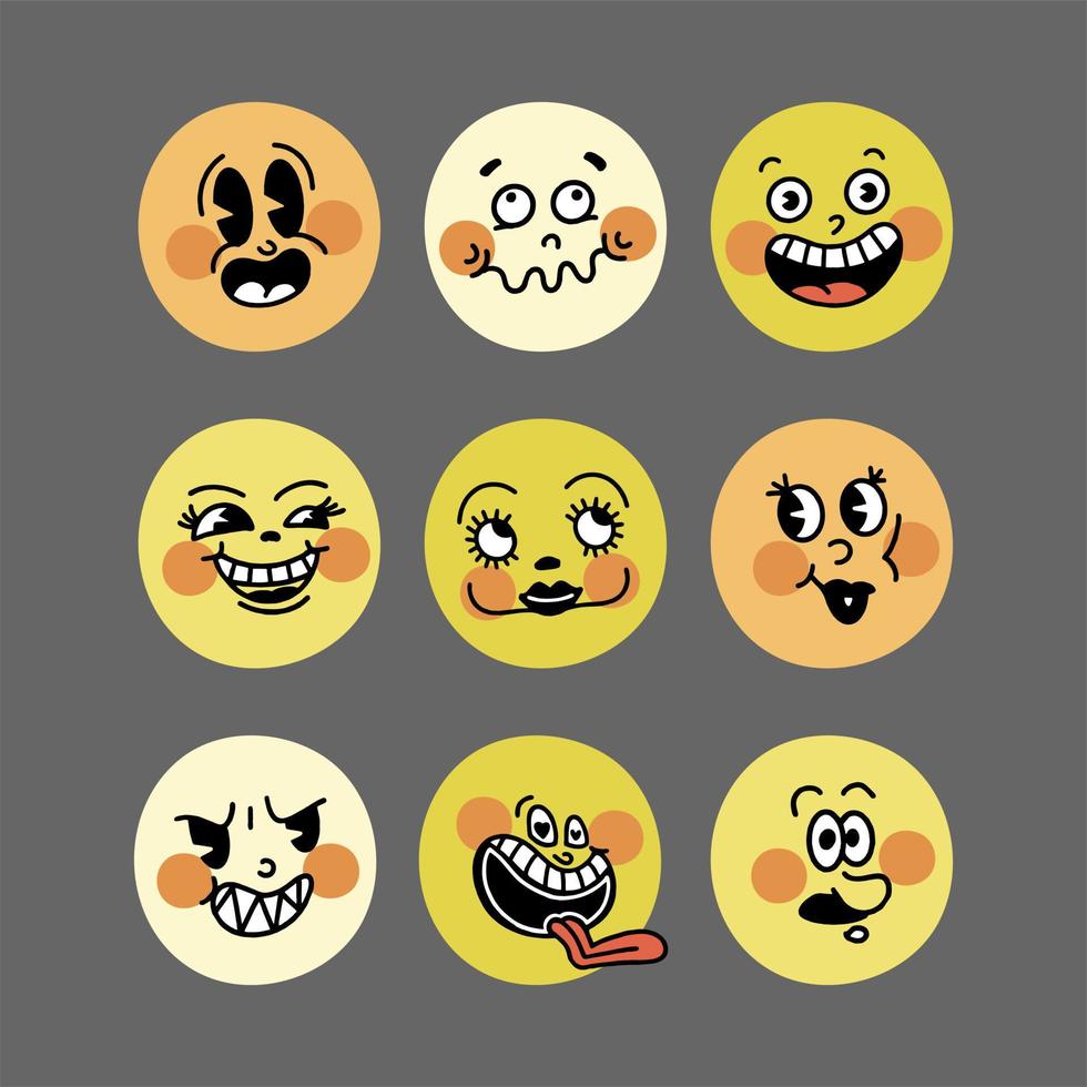 Smile retro emoji. The faces of cartoon characters of the 30s big set. Vintage comic smile vector illustration