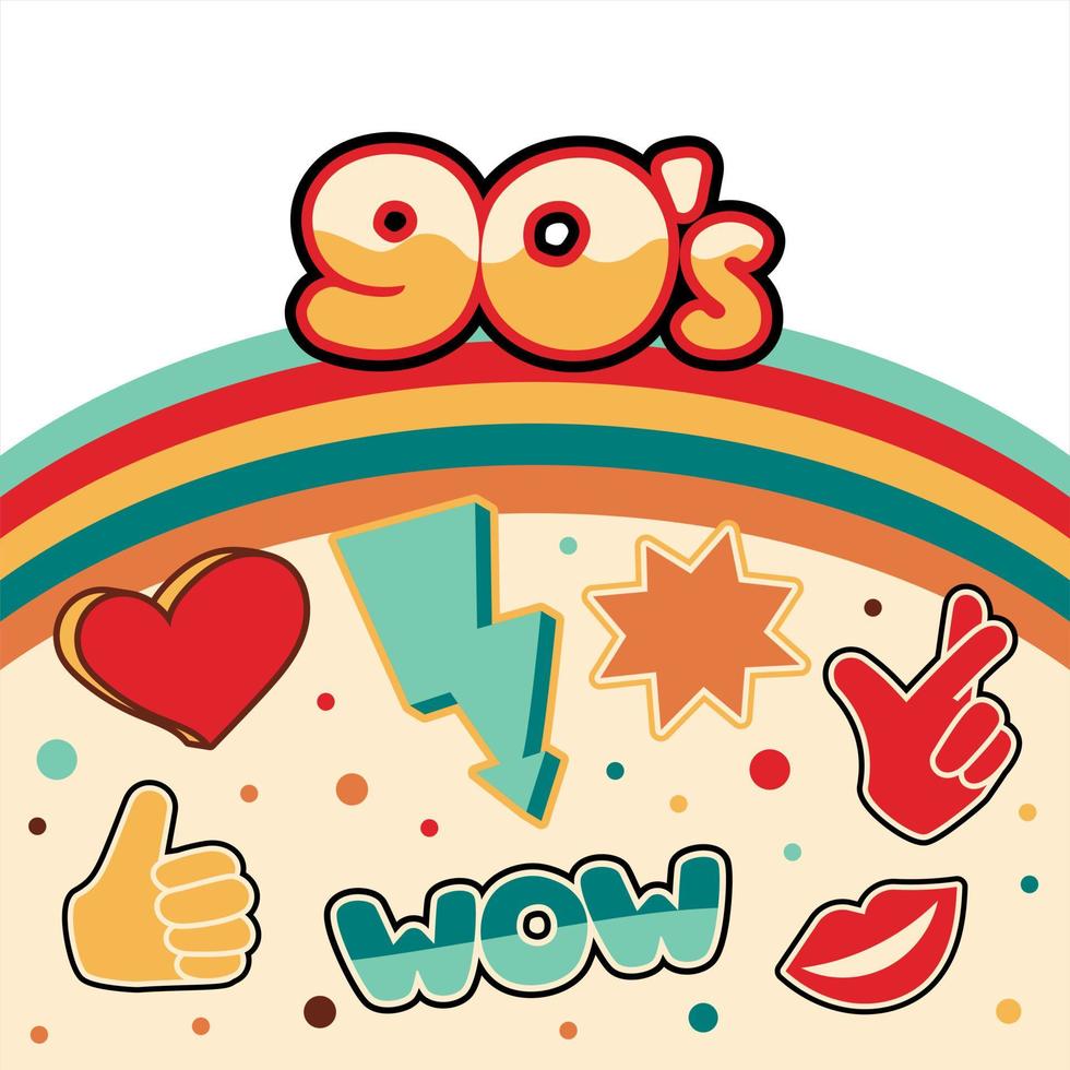 Collage banner retro pop of the 90s. Abstract background with inscriptions and stickers. Cool trendy vector design illustration.