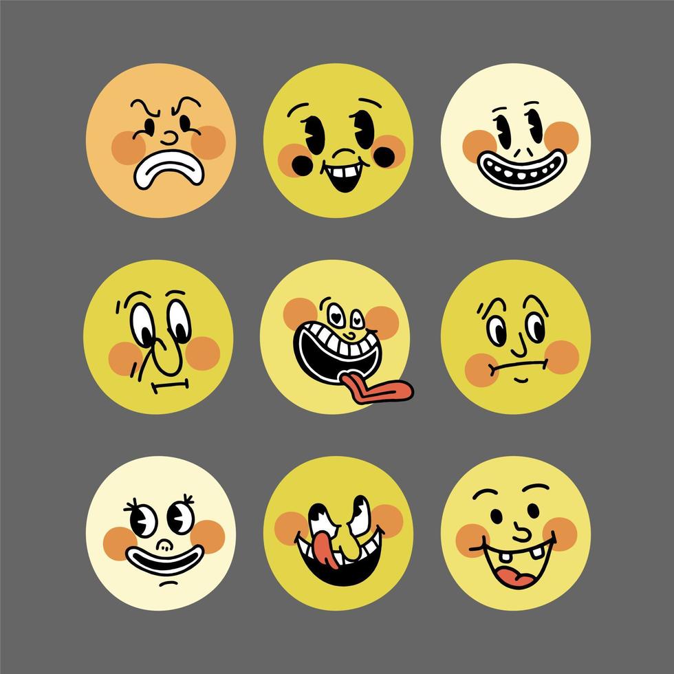 Smile retro emoji. The faces of cartoon characters of the 30s big set. Vintage comic smile vector illustration