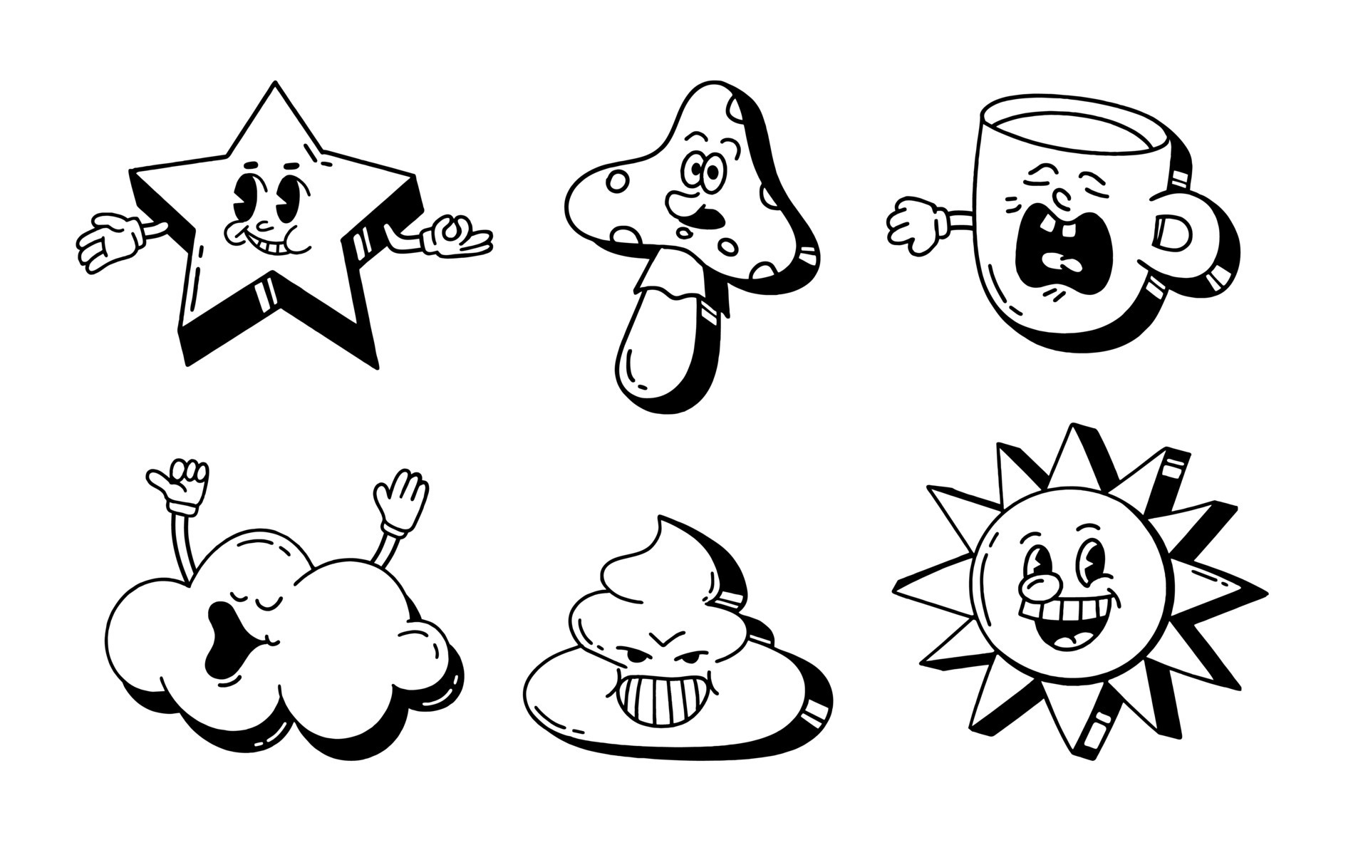 A set of retro cartoon characters from the 30s. Vintage comic smile black  and white vector illustration 10007278 Vector Art at Vecteezy