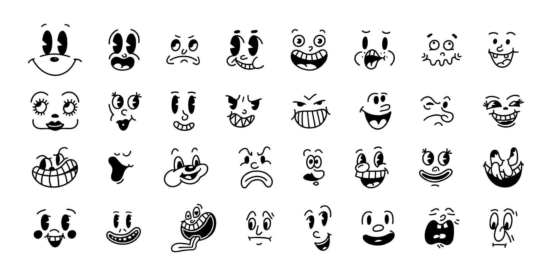 sonrisa cara emoji retro. caras de personajes de dibujos animados de los años 30. Ilustración de vector de sonrisa cómica vintage