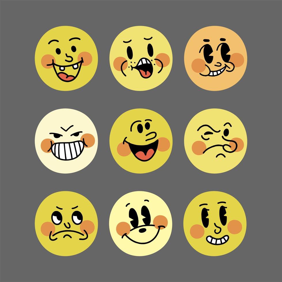 sonrisa emoji retro. las caras de los personajes de dibujos animados del gran set de los años 30. Ilustración de vector de sonrisa cómica vintage