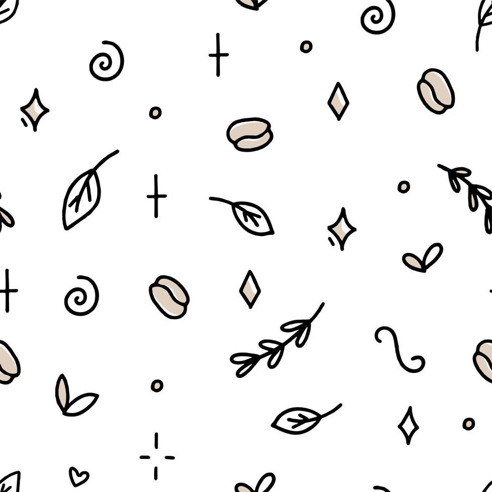Coffee pattern with Turkish beans and croissants on a white background. Vector illustration in doodle style