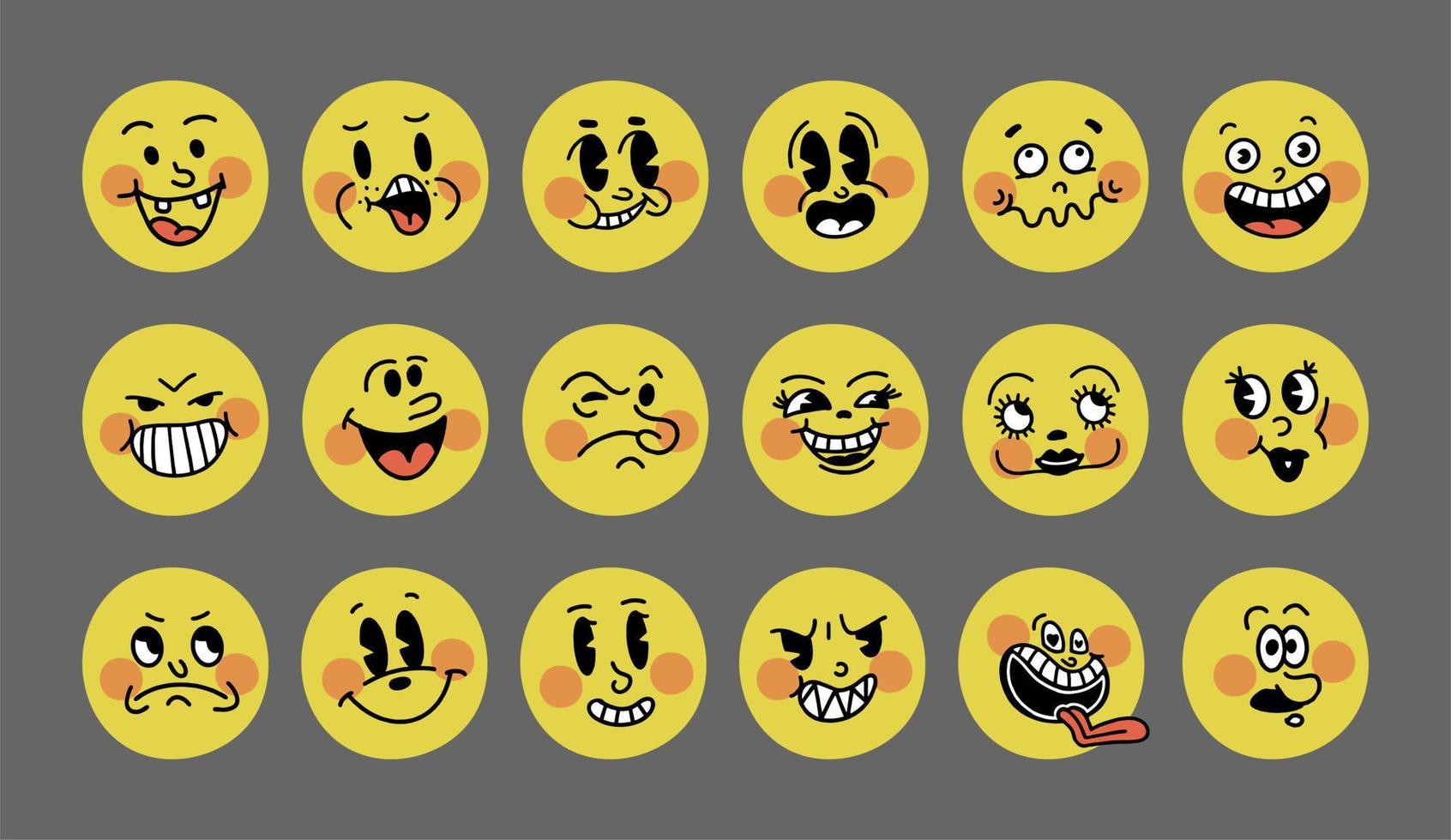 Smile retro emoji. The faces of cartoon characters of the 30s big set. Vintage comic smile vector illustration