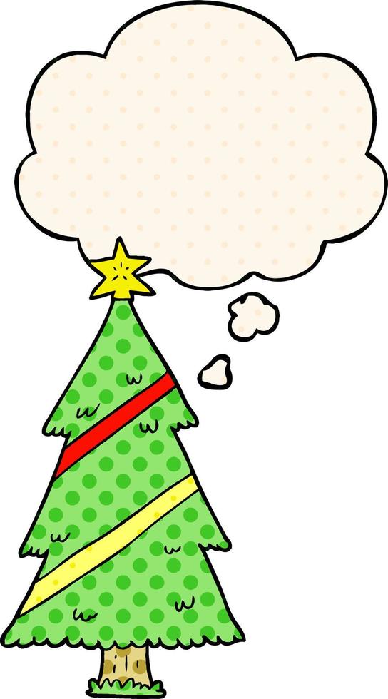 cartoon christmas tree and thought bubble in comic book style vector