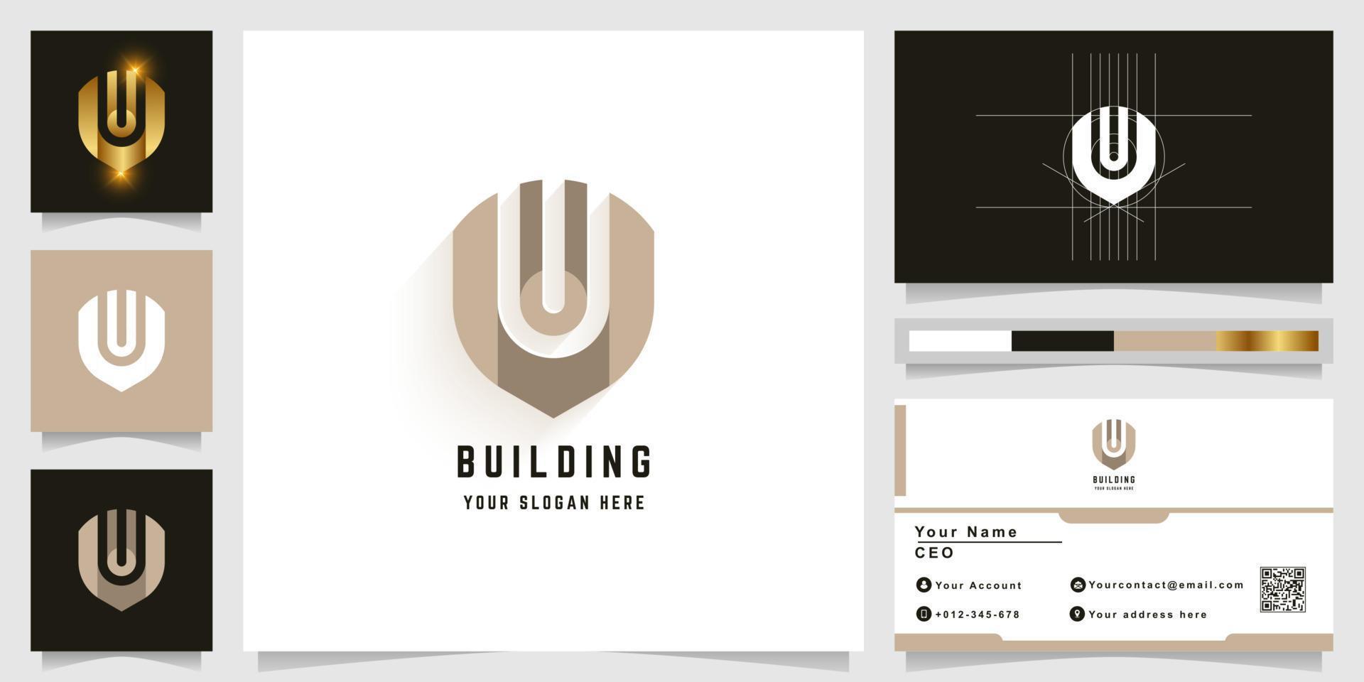 Letter U or building monogram logo with business card design vector