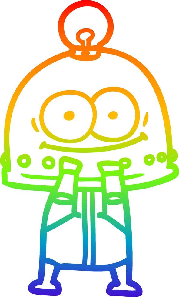 rainbow gradient line drawing happy carton robot with light bulb vector