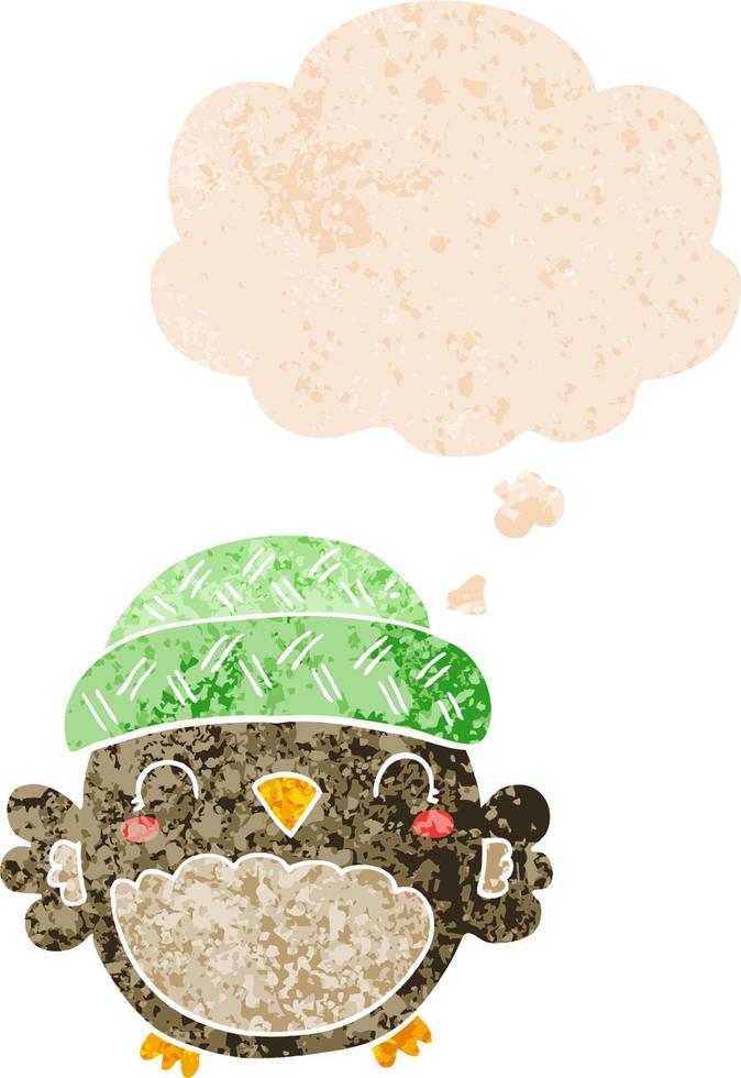 cute cartoon owl in hat and thought bubble in retro textured style vector