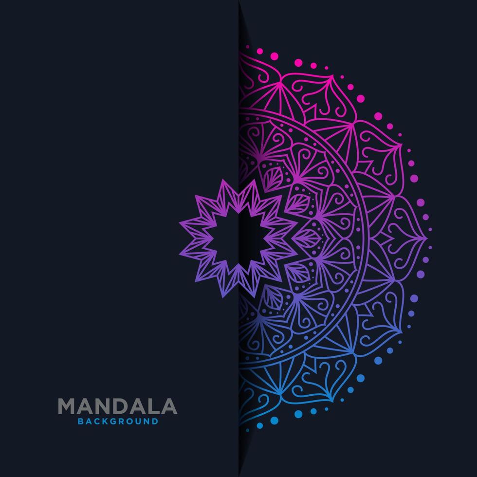 Laced decorative floral pattern with circular ornament, gradient mandala on black background. Mosaic tiles boho vector