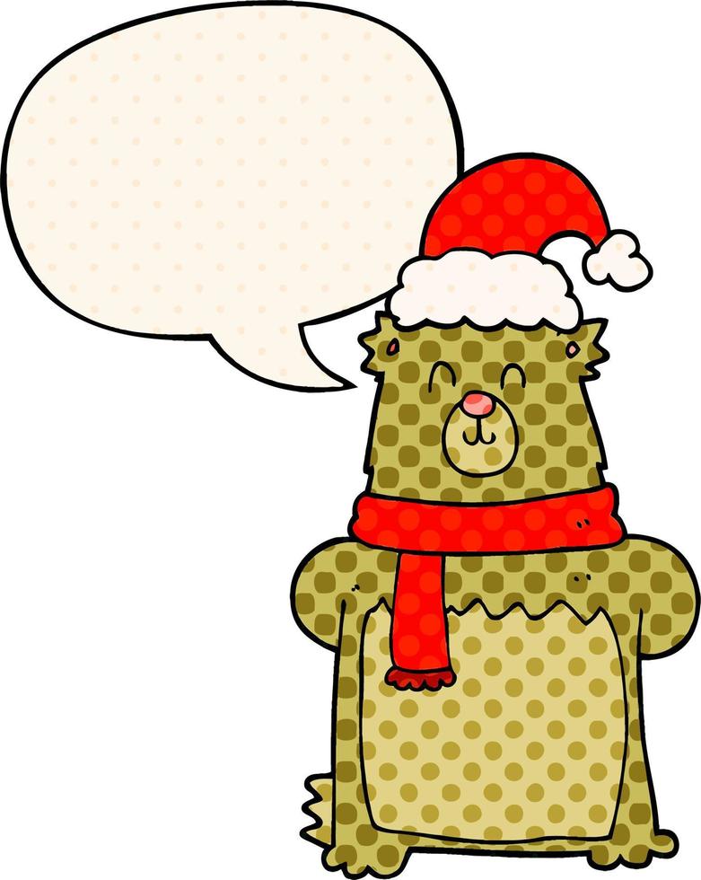 cartoon bear wearing christmas hat and speech bubble in comic book style vector