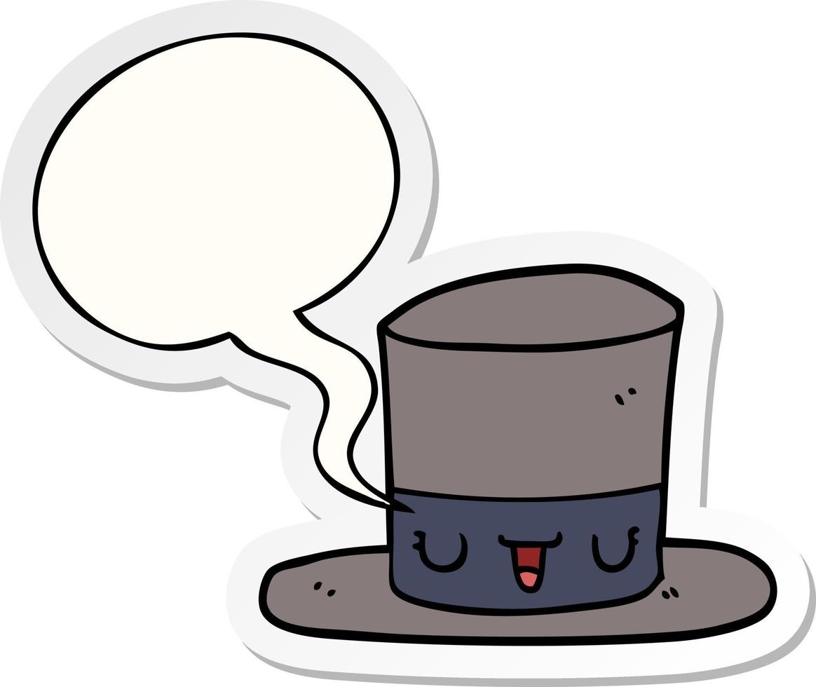 sombrero de copa de dibujos animados y etiqueta engomada de la burbuja del discurso vector