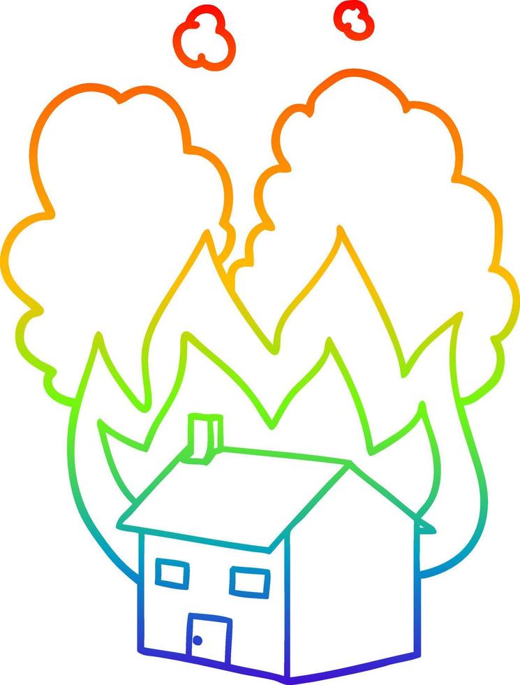 rainbow gradient line drawing cartoon burning house vector