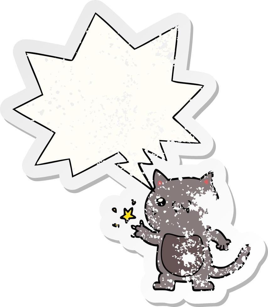 cartoon cat scratching and speech bubble distressed sticker vector