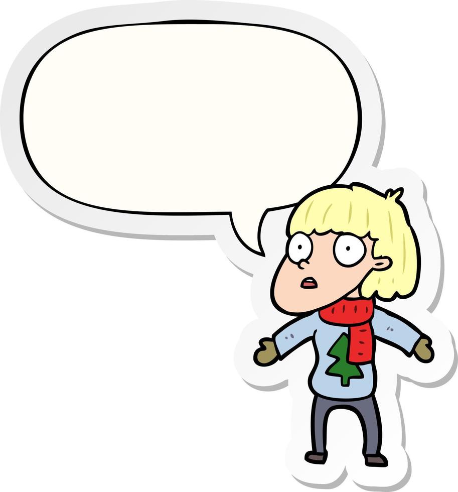 cartoon surprised christmas person and speech bubble sticker vector