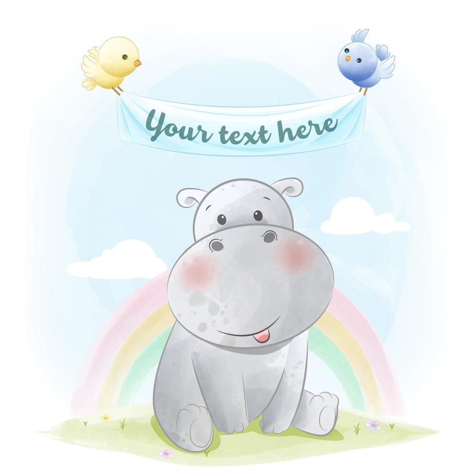Cute little Hippo with watercolor illustration vector