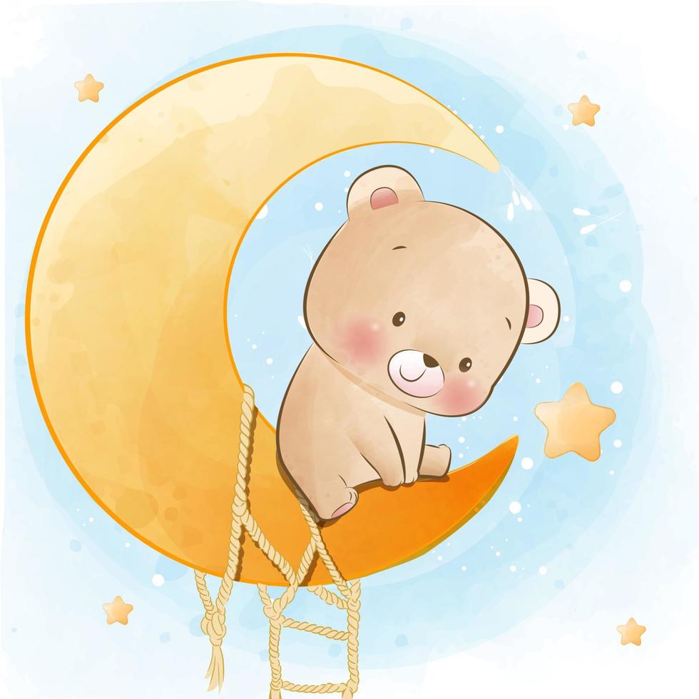 Cute little bear sitting on moon and star illustration vector