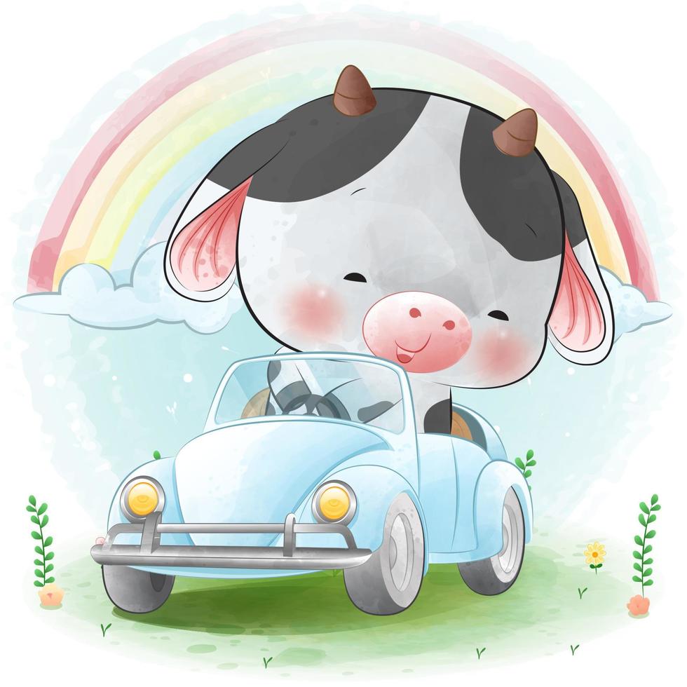 cute cow diving car vector