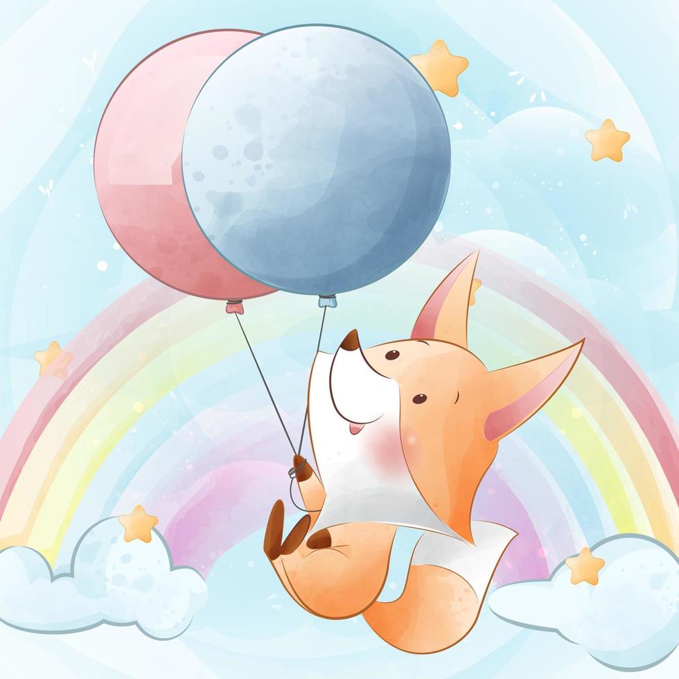 Cute fox hanging from a balloons baby shower character vector