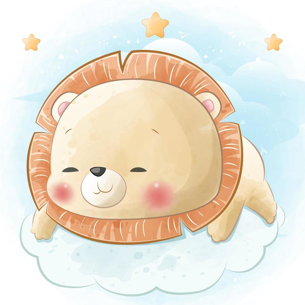 Cute little lion sleeping on cloud vector