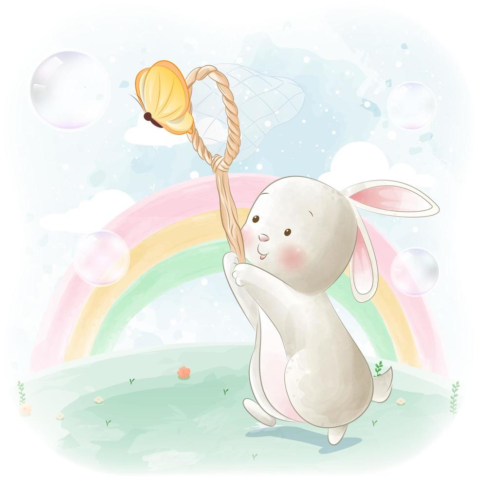 Cute rabbit catching butterflies illustration vector