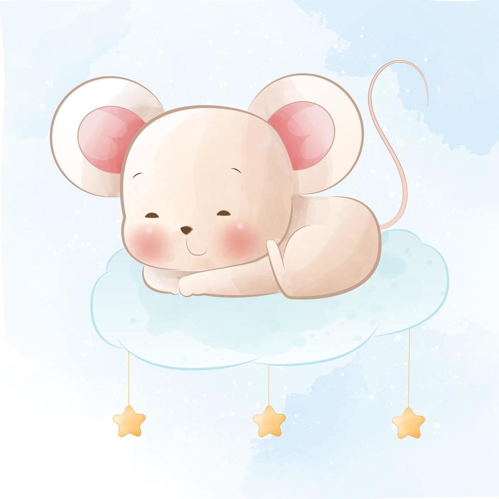 cute sleeping mouse on cloud cartoon illustration vector
