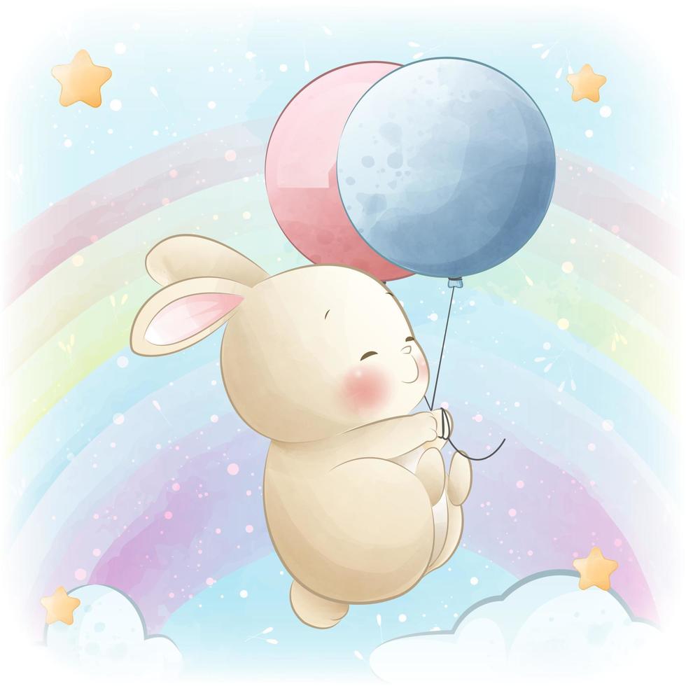 Cute rabbit hanging from a balloons baby shower character vector