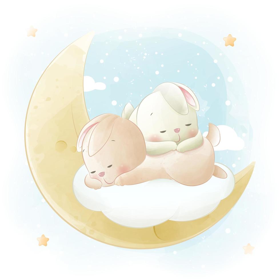 Cute rabbit sleeping on clouds at night with shooting stars falling in the sky vector