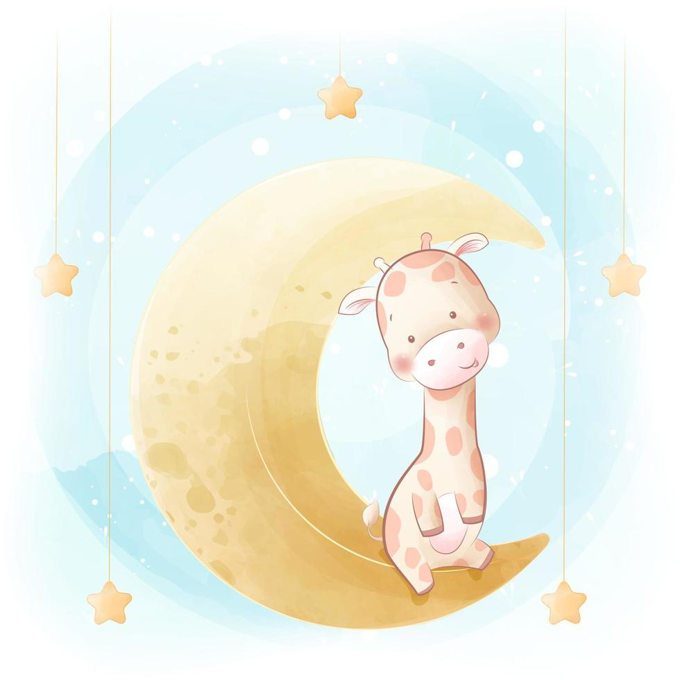 Funny cute giraffe sitting on the moon vector