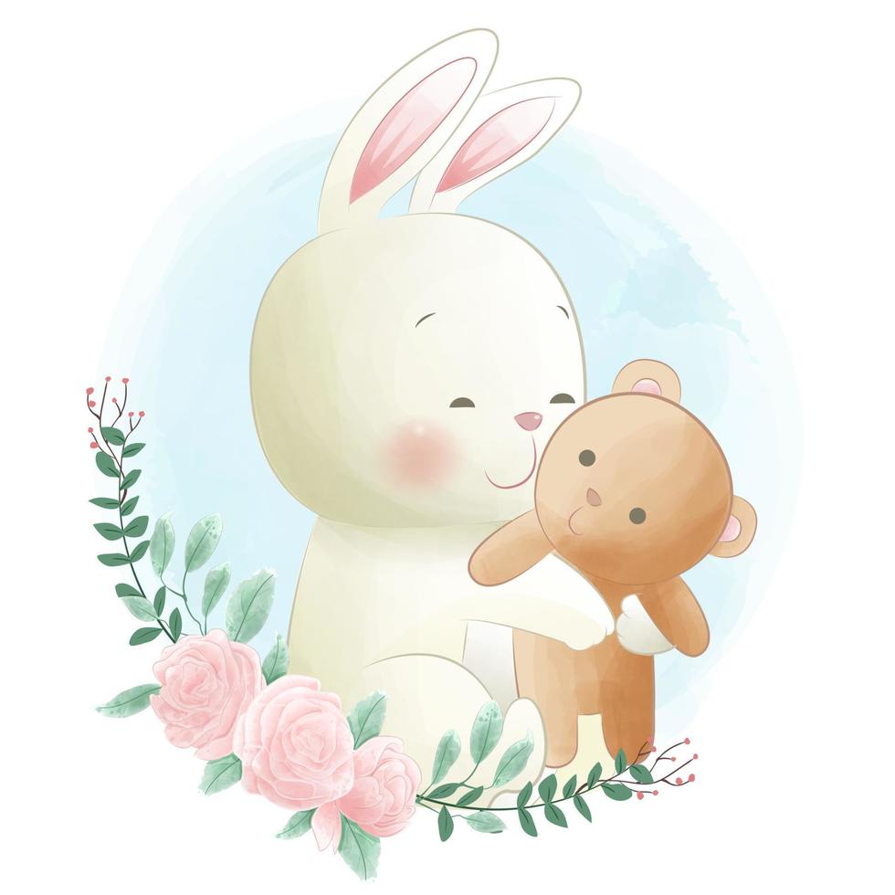 Funny animals cute bunny embraces teddy bear vector