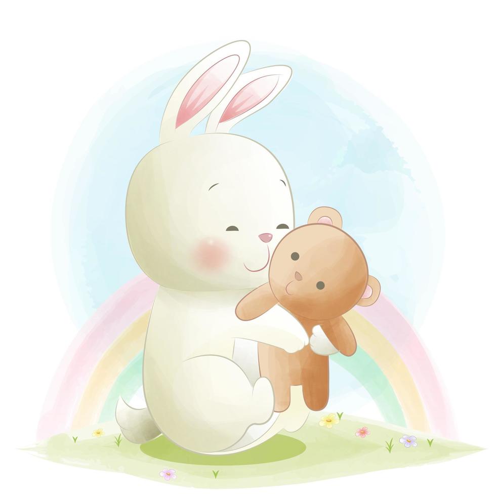 Sweet little bunny is hugging a teddy bear vector