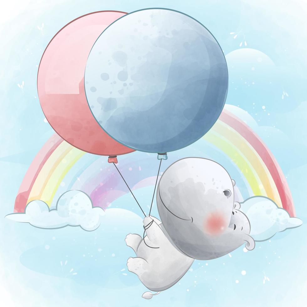 happy hippo flying with balloons vector