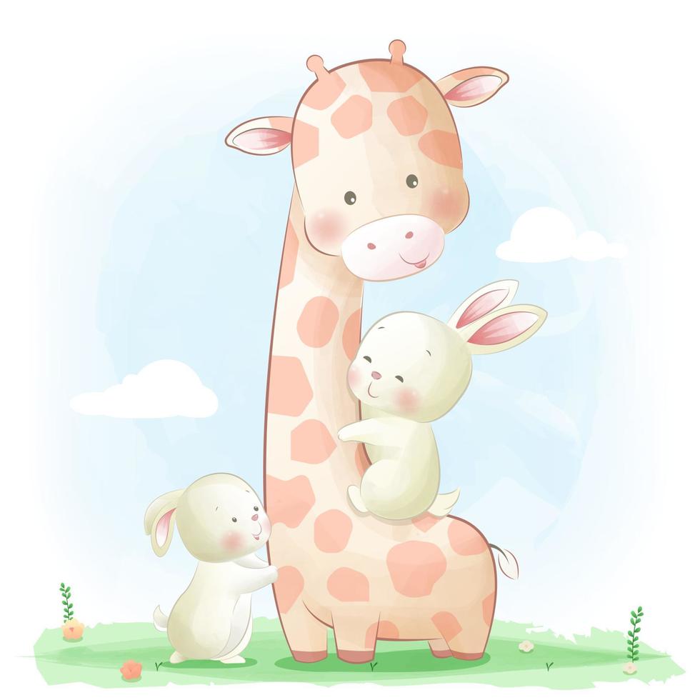 Vector illustration of cute giraffe and little bunnies