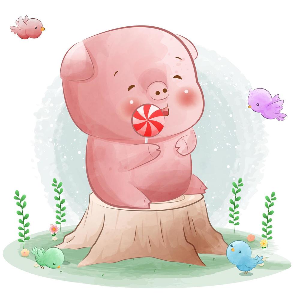 Happy little pig sits with candy vector
