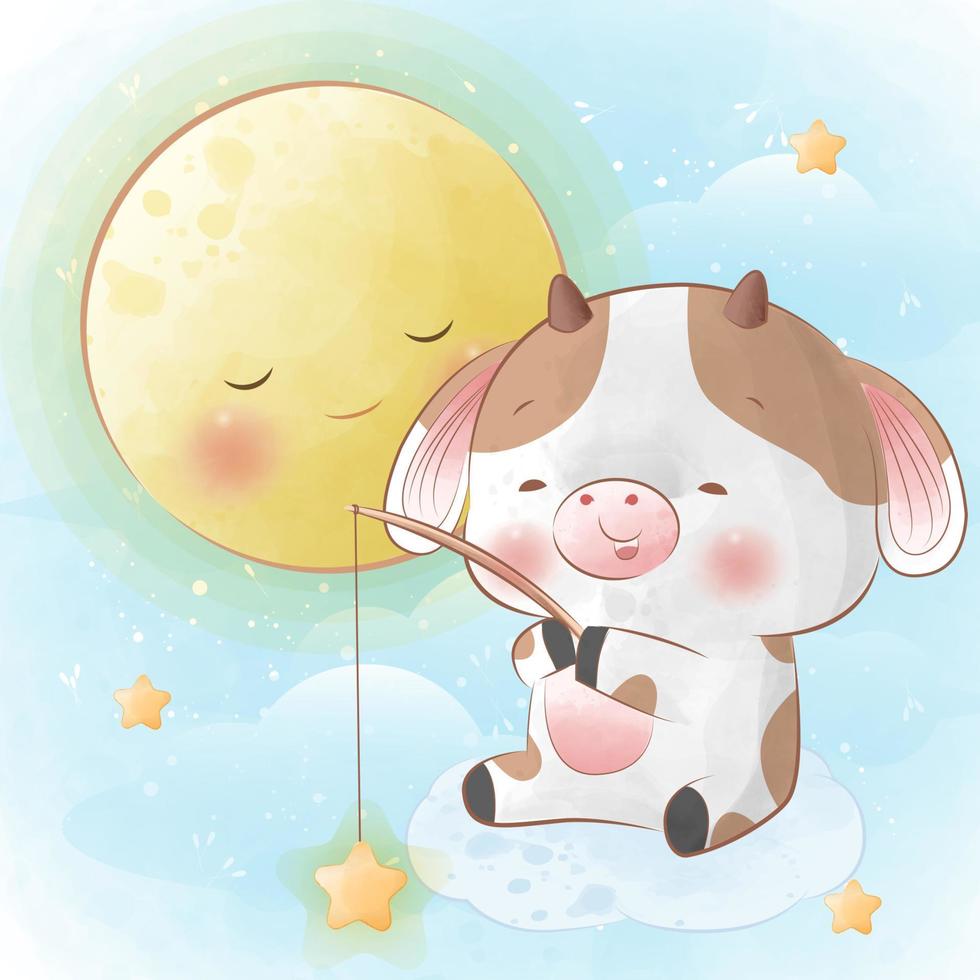 Little cow sit on the clouds fishing star vector