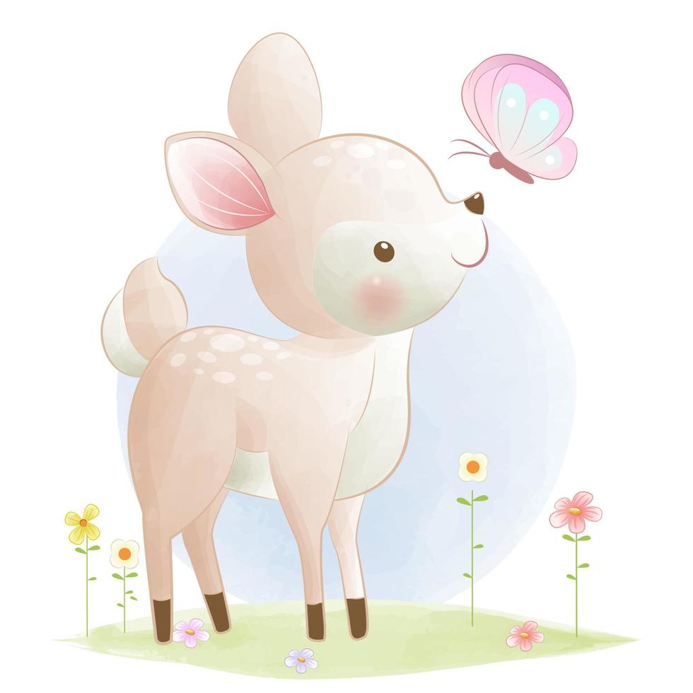 cute deer playing with butterfly vector