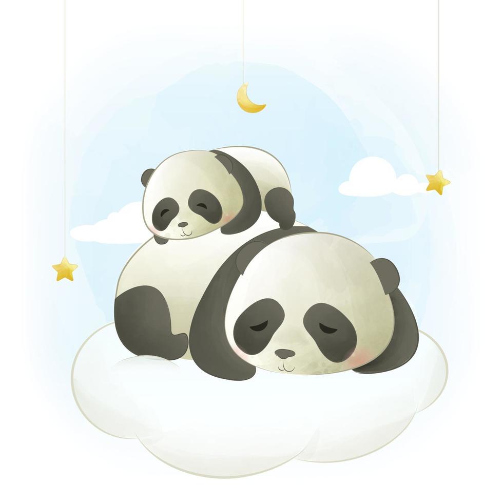 Cute mom and baby panda sleeping on the cloud watercolor hand drawn illustration vector