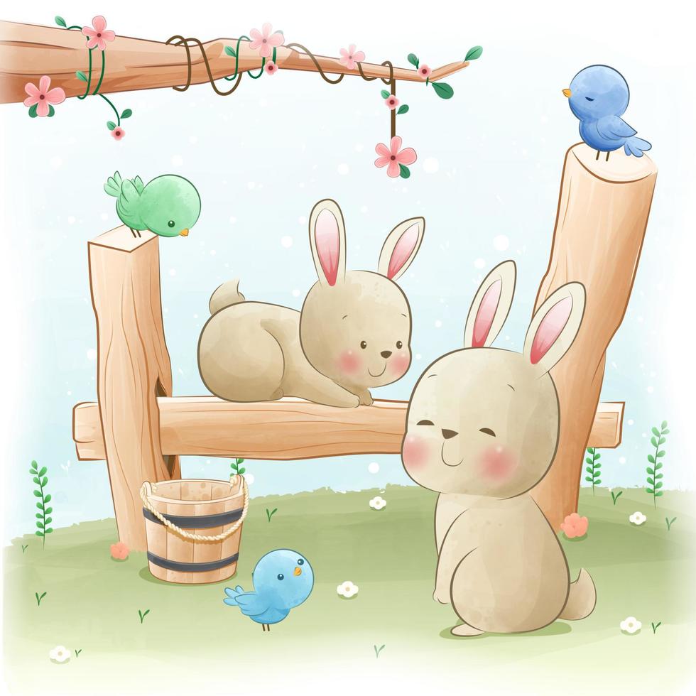 linda pareja de conejo en el jardín con ilustración de pájaros vector