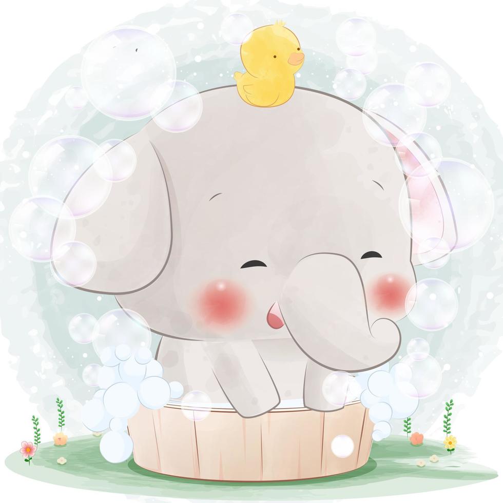 Cute elephant cub bathes in the bath vector