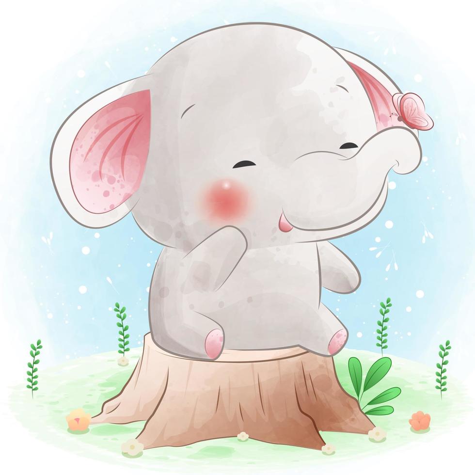 lindo elefante sentado en un tocón de árbol con mariposa vector